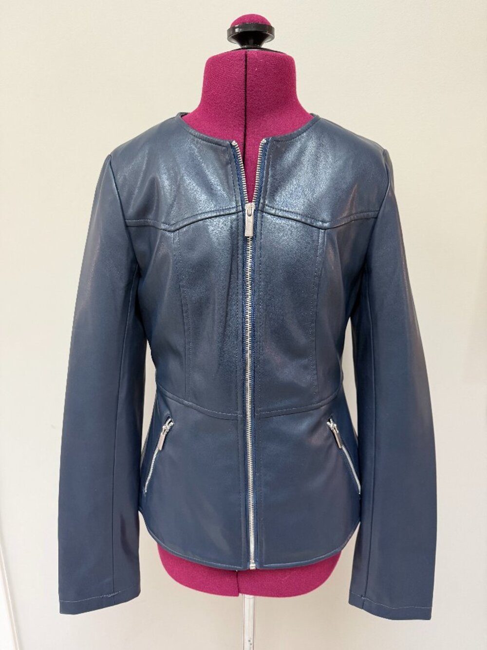 Zara Navy Blue Collarless Faux Leather Jacket - Size XS